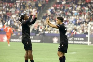 Langley's Thierno Bah (left) offered a strong performance in the Canadian Championships at BC Place Wednesday, against the Whitecaps.